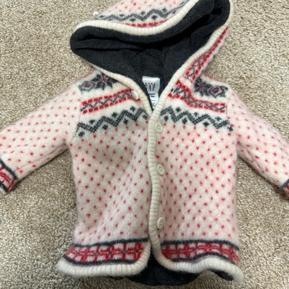 Gap‎ Baby 100% Lambswool Button Front Fair Isle Nepali Design Jacket Coat Hooded